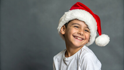 Wall Mural - Boy, studio and happy with Christmas hat on portrait for festive season and celebration on gray background. Male person, isolated and smile or satisfied with Santa cap, tradition and fun