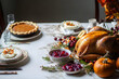 © john - Thanksgiving Dinner Spread with Roasted Turkey, Cranberry Sauce, and Pumpkin Pie