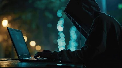 Poster - Hooded figure working on laptop in dimly lit environment, creating mysterious atmosphere with soft, glowing lights and bokeh enhancing intrigue.