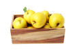 © New Africa - Ripe yellow apples in wooden crate isolated on white