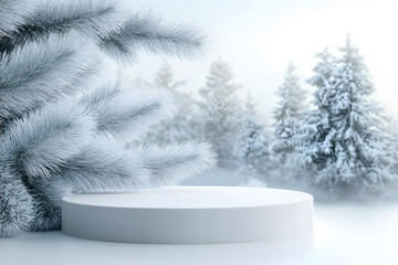 Wall Mural - White Podium with Snowy Pine Branches in a Winter Scene