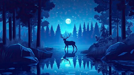 Wall Mural - Futuristic night landscape with abstract forest landscape. Dark natural forest scene with reflection of moonlight in the water, neon blue ligh, dark forest, deer.