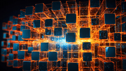 Poster - Interconnected transparent cubes in an abstract technology composition