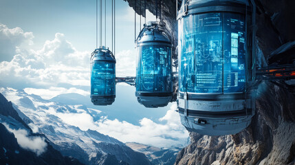 Poster - Fantasy high tech capsules hanging over a mountain landscape