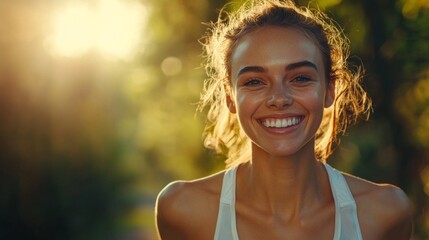 Poster - A woman with a smile on her face is standing in a park