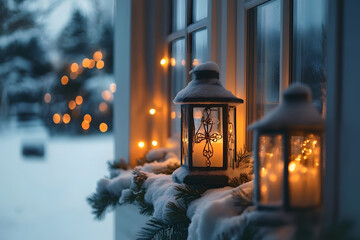 Wall Mural - Snowy Windowsill with Lit Lanterns and Evergreen Garland