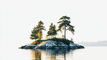 Wall Mural - Serene island with pine trees reflecting on a calm lake under a soft, bright sky, creating a peaceful and picturesque natural scene.