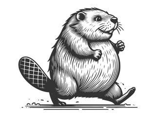 Wall Mural - beaver walking in a lively, cheerful manner, featuring a detailed tail and cartoonish style sketch engraving generative ai vector illustration. Scratch board imitation. Black and white image.