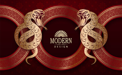 Wall Mural - Chinese New Year 2025, round frame with isolated snakes, Asian elements in red and gold.