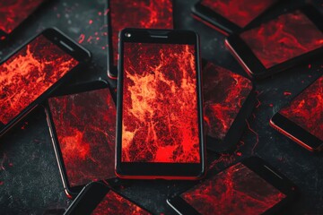 Fototapete - Multiple smartphones displaying a fiery texture on their screens with dark backgrounds