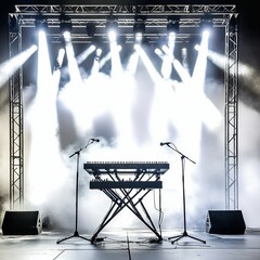 Poster - Empty stage, keyboard, spotlights, microphones, fog.