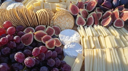 Wall Mural - A close-up of an artisan cheese board with a variety of cheeses, fresh grapes, figs, and crackers, beautifully arranged for a gourmet spread