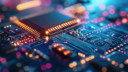 Poster - Close-up View of a Colorful Printed Circuit Board Showcasing Technological Components and Intricate Design Elements, Perfect for Tech-Themed Projects