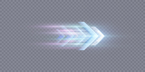Leinwandbilder - Light effect of technological high-speed movement of the arrow of light speed bright glow on transparent background. Dynamic movement of the arrow of energy of light of high speed.
