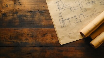 A construction blueprint spread out on a wooden table, isolated on a white background