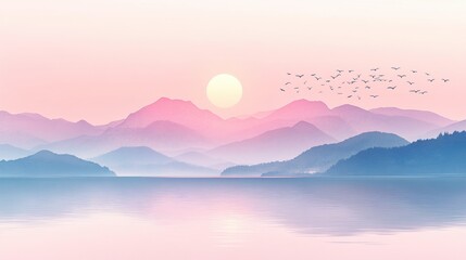 Wall Mural - Serene Sunrise Over Misty Mountains and Calm Waters with Gentle Birds Flying in a Pastel Sky