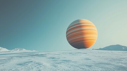 Wall Mural - A minimalistic landscape featuring a large striped planet hovering above a snowy terrain under a clear sky