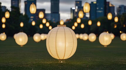 Wall Mural - Illuminated lanterns in a park during twilight.