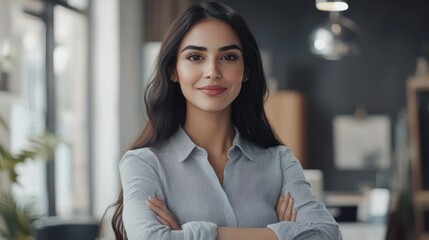Poster - A woman with long hair and a smile on her face is standing in front of a wall