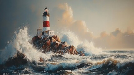 Wall Mural - Majestic lighthouse standing firm on rocky shore, surrounded by powerful ocean waves and dramatic clouds, epitomizing coastal beauty and maritime resilience in nature.