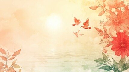 Wall Mural - Serene Landscape with Colorful Birds and Floral Accents Amidst a Soft Sunset Glow Over a Calm Waterbody in Gentle Pastel Tones