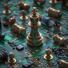 Aufkleber - A chess piece, full of computer code, stands among defeated pieces on a circuit board.