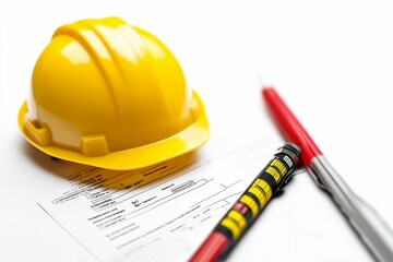 Wall Mural - Yellow hard hat, paperwork, and voltage tester.