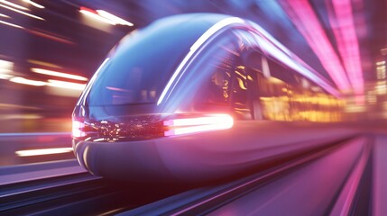 Fototapete - Futuristic train rushing through neon lit tunnel. Speed transport scene. Advanced technology concept. Motion blur design