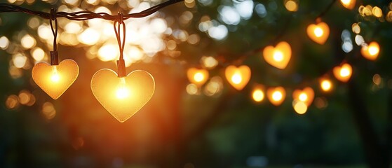 Wall Mural - Heart-shaped lights hang against a blurred, natural background, creating a warm, romantic atmosphere.