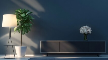Poster - A modern living room with a black entertainment center and a white lamp