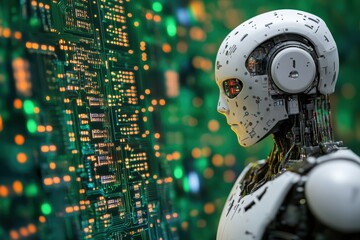 Poster - A humanoid robot studies complex circuit patterns in a futuristic digital landscape