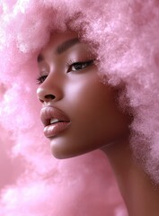 Wall Mural - profile portrait of an african american woman with perfect natural makeup and pink afro hairstyle