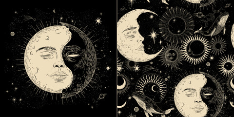 Wall Mural - Vector illustration set of moon phases. Different stages of moonlight activity in vintage engraving style. Zodiac Signs	