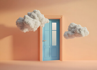 Wall Mural - 3d render, white clouds and cumulus flying out the blue open door inside the empty room. objects iso