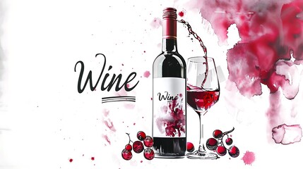 Wall Mural - A vibrant illustration of a wine bottle and glass, with splashes of red, showcasing the theme of wine.