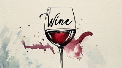 Wall Mural - A stylish illustration of a wine glass filled with red wine, accompanied by artistic splashes, emphasizing the word 