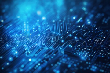 Poster - Intricate circuit board design illuminated with blue lights showcasing technology trends