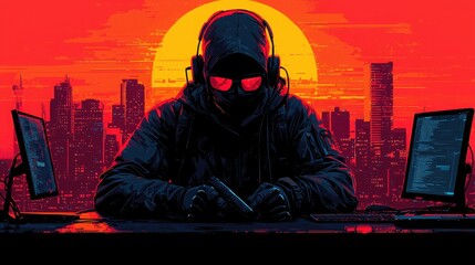 Poster - Hacker engaging in minimalist focus urban workspace digital art nighttime setting close-up view cybersecurity concept