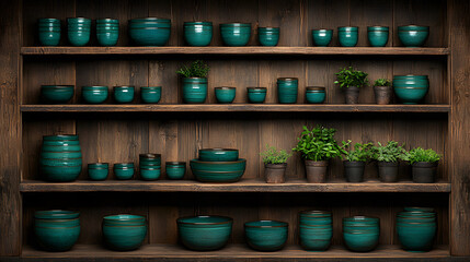 Poster - A collection of green ceramic pots arranged on wooden shelves, some filled with small plants, creating a rustic and vibrant display