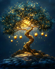 Wall Mural - Glowing mystical tree with golden lights on dark background.