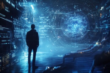 Fototapete - Person stands in futuristic digital environment with glowing data all around