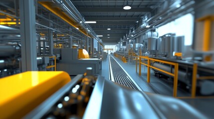 Poster - A factory with a conveyor belt and a yellow machine