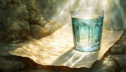 Wall Mural - Mystical glass of water on ancient parchment, bathed in sunlight.
