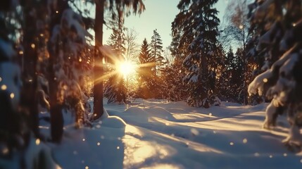 Poster - Snow-Covered Forest with Golden Sunrise Rays