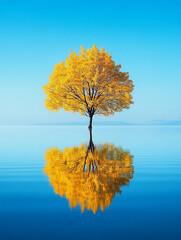 Poster - Golden autumn tree stands alone in tranquil lake water reflecting its vibrant leaves under a clear blue sky