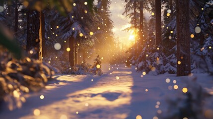 Poster - Snow-Covered Forest with Golden Sunrise Rays