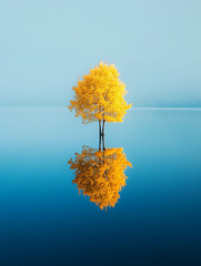 Poster - Golden tree stands serene by a calm lake at dawn