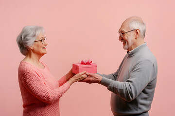 Wall Mural - Happy elderly man giving a pink valentine's day gift box to smiling elderly woman on a pink background