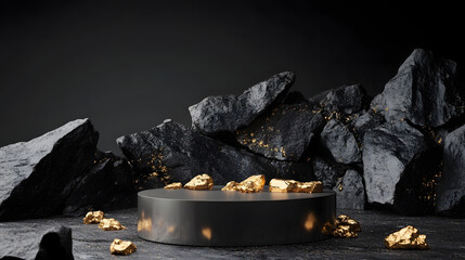 Wall Mural - 3d render, abstract background with black cobblestone ruins, broken rocks and golden nuggets. modern