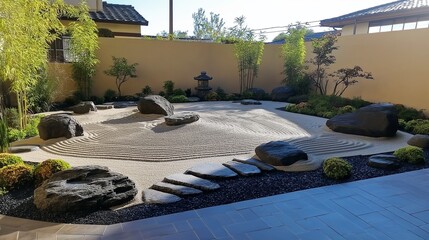 Poster - Traditional Japanese Zen Garden with Rocks and Raked Sand